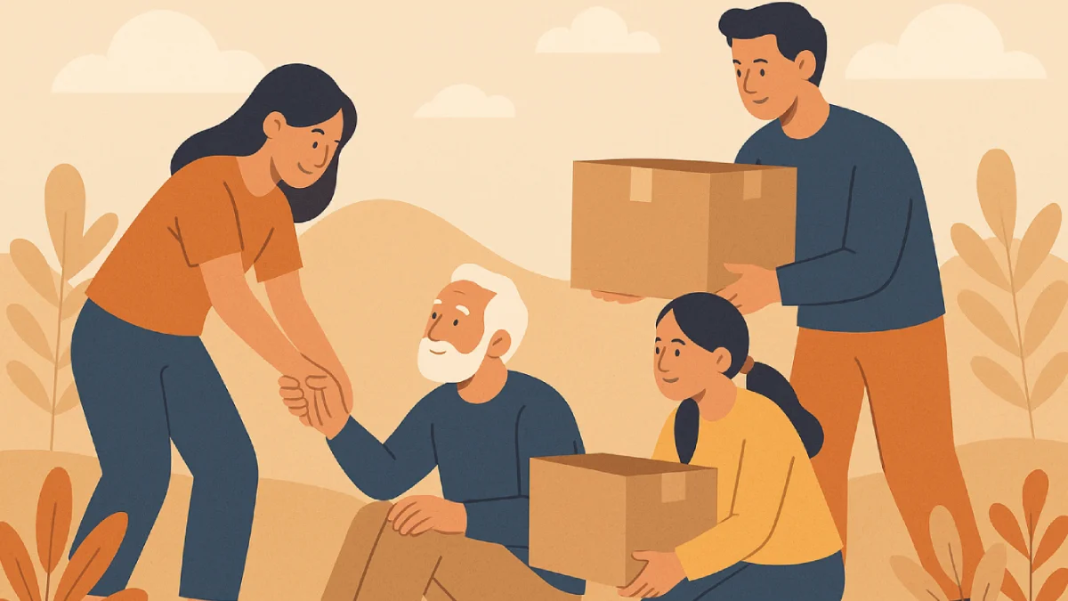 Ilustrasi kepedulian sosial yang menampilkan seorang wanita membantu lansia duduk, sementara pria lain menghantarkan kardus berisi bantuan kepada anak perempatan yang sedang merapalkan donasi.