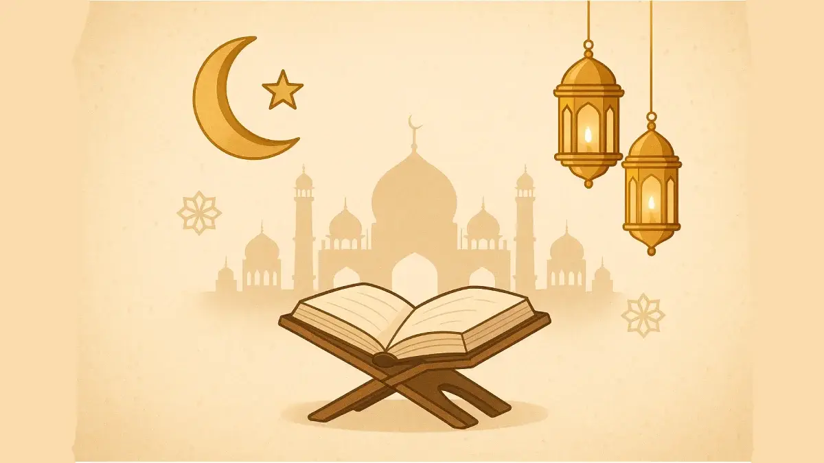Ilustrasi simbolis sejarah 1 Muharram dengan Al-Quran terbuka di atas mimbar, dikelilingi bulan sabit, bintang, dan lampu sengkang yang melambangkan hijrah Nabi Muhammad SAW sebagai permulaan tahun Islam.