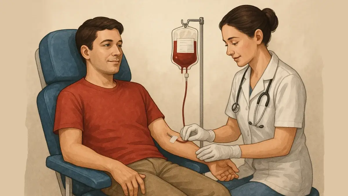 Seorang pendonor darah tersenyum sambil memberikan tangan untuk disuntik, mencerminkan kemurahan hati melalui aksi nyata membantu sesama tanpa pamrih.