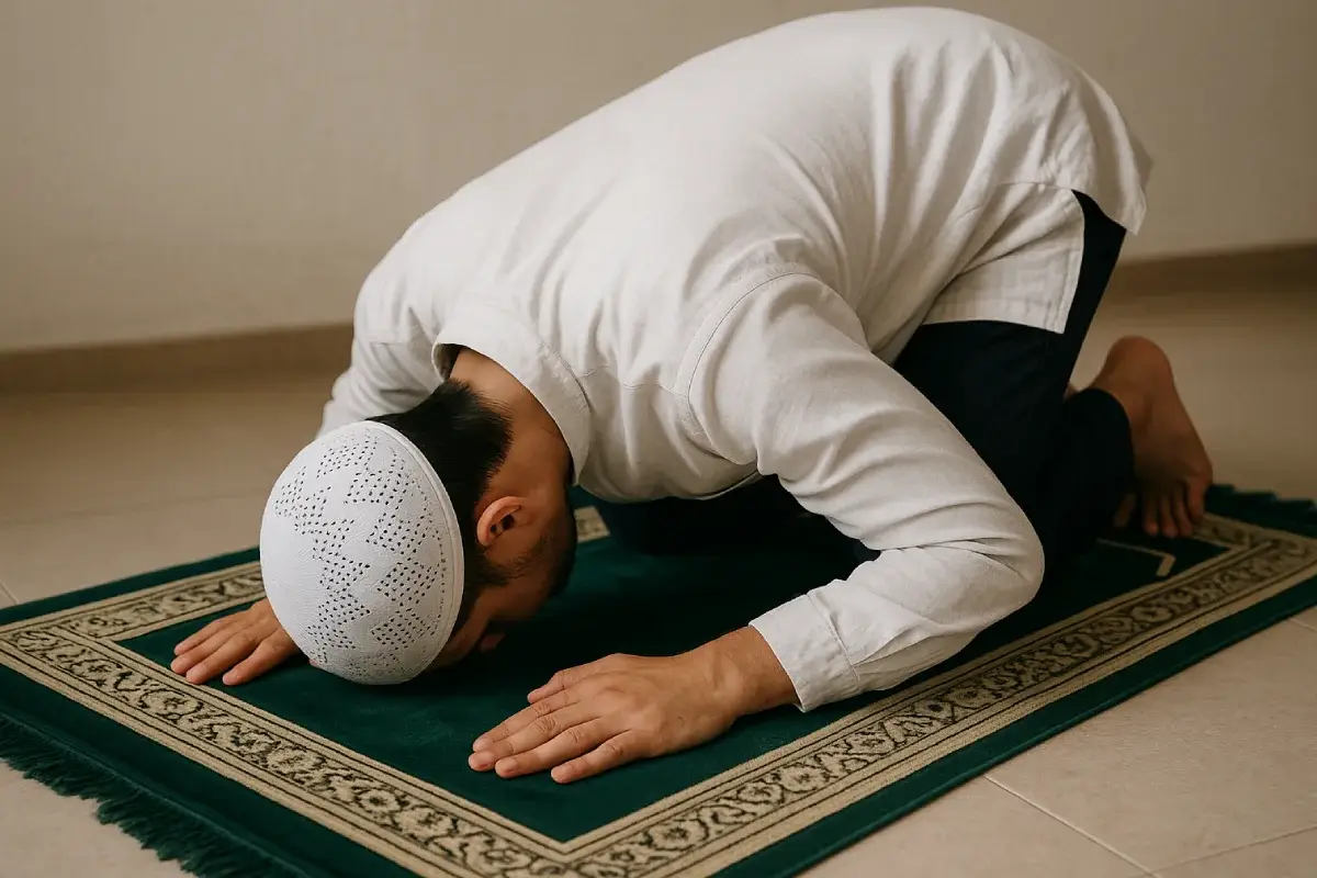 Seorang pria berpakaian sederhana berdoa dengan khusyuk di atas sajadah, mencerminkan momen Panduan Lengkap Tata Cara Sholat Taubat yang dilakukan untuk memohon ampunan dan memperbaiki diri secara spiritual.