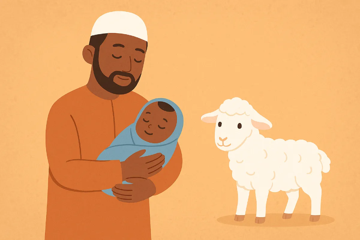 Ilustrasi keluarga muslim sedang mempersiapkan hewan aqiqah sambil memegang bayi, menggambarkan pelaksanaan tata cara aqiqah dalam Islam secara syar’i.