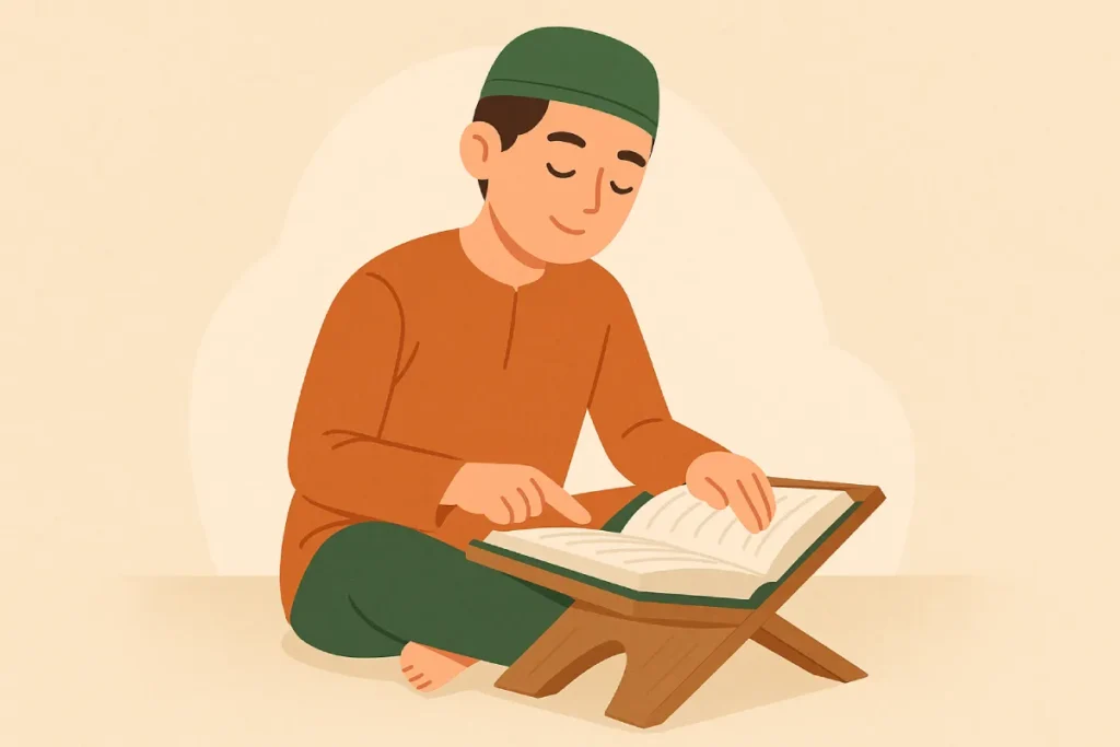 Seorang anak laki-laki duduk dengan tenang sambil membaca Alquran, menunjukkan kegiatan spiritual sebagai salah satu amalan terbaik di hari Jumat.